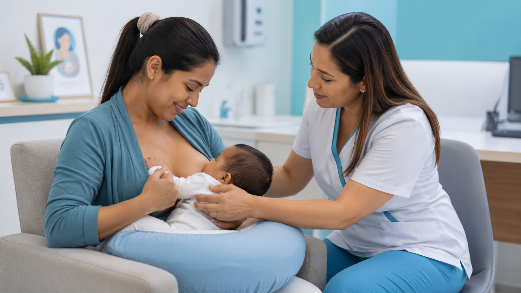 Profesional de salud orientando a una madre durante la lactancia materna