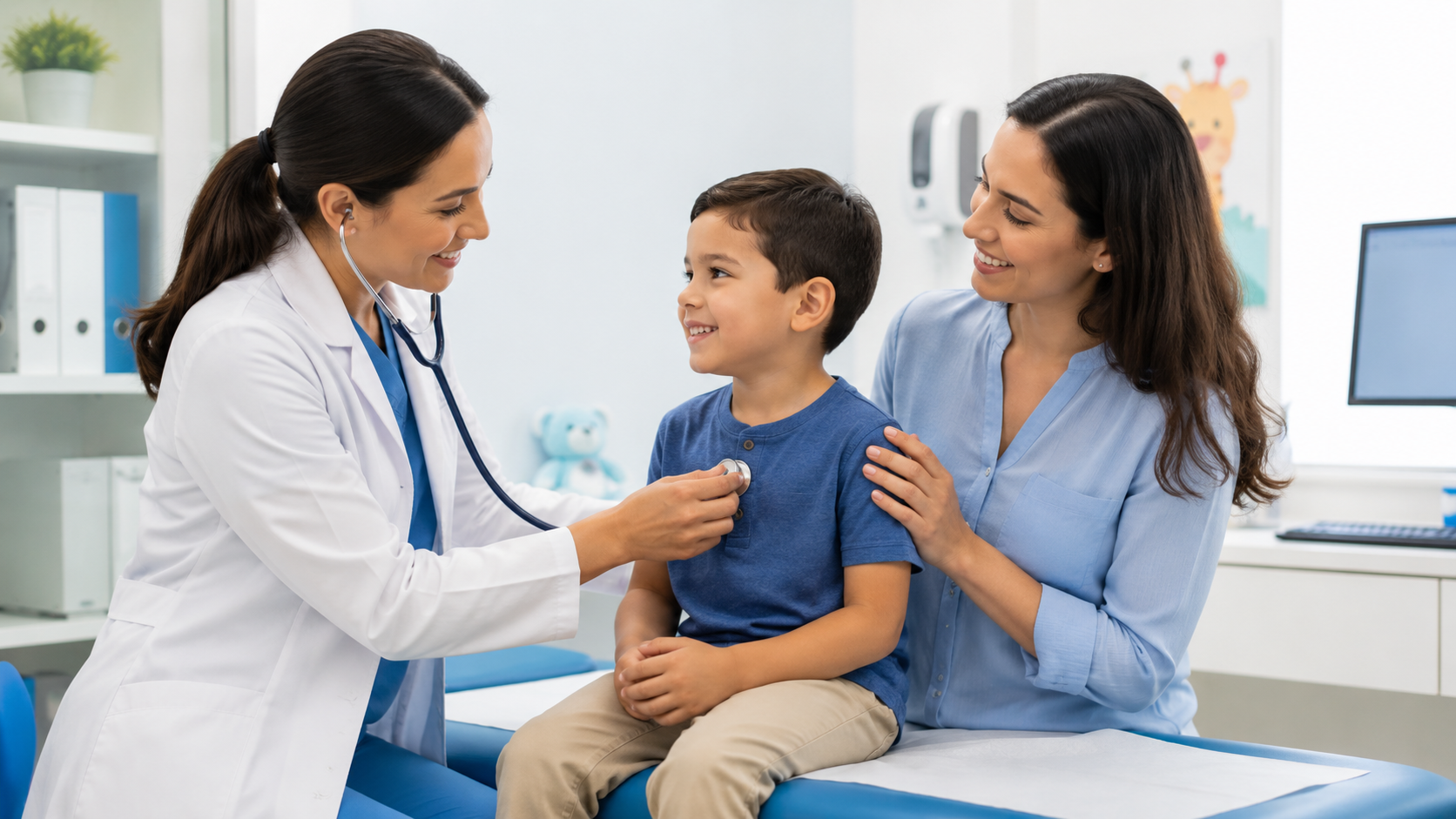 Pediatra realizando un chequeo preventivo a un niño acompañado por su madre