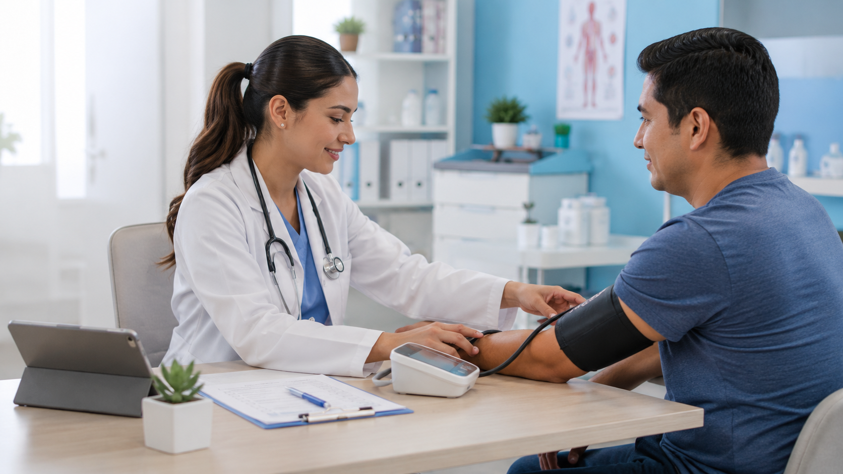 Médica midiendo la presión arterial durante un chequeo preventivo